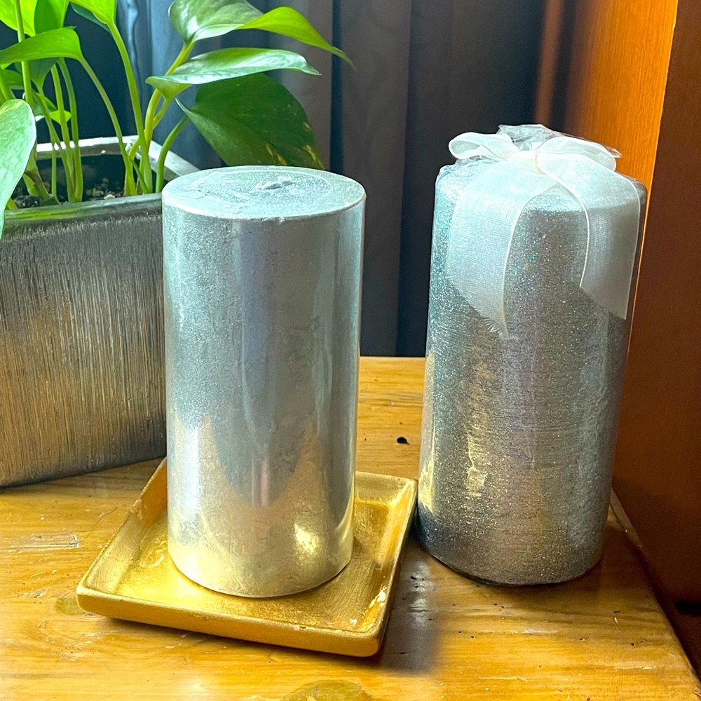 Silver glitter Pillar candles